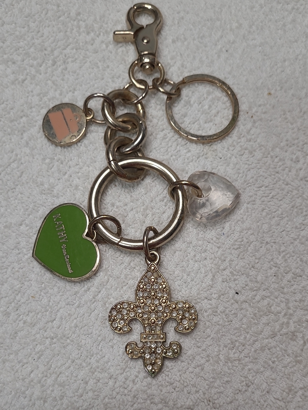 Crystal Fleur-de-Lis Key Holder Bag Charm with Green Heart Accent